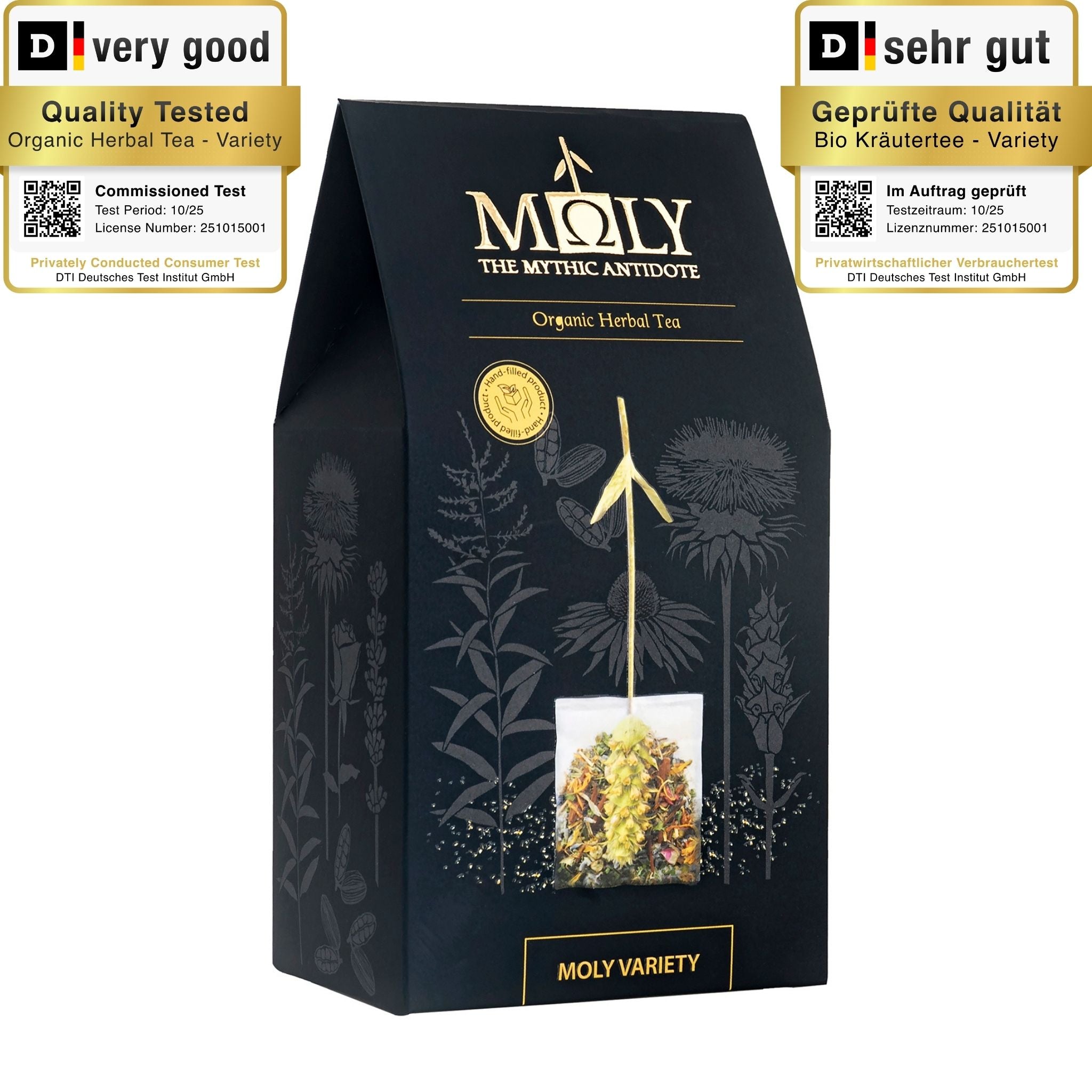 Eine schwarze Verpackung des MOLY VARIETY BIO mit goldener und gelber Schrift sowie aufgedruckten Pflanzen. Zentral ist Bild aufgedruckt, welches einen Teebeutel mit Inhalt zeigt aus dem der Stengel der Sideritis scardia (griechischer Bergtee) herausragt. 
