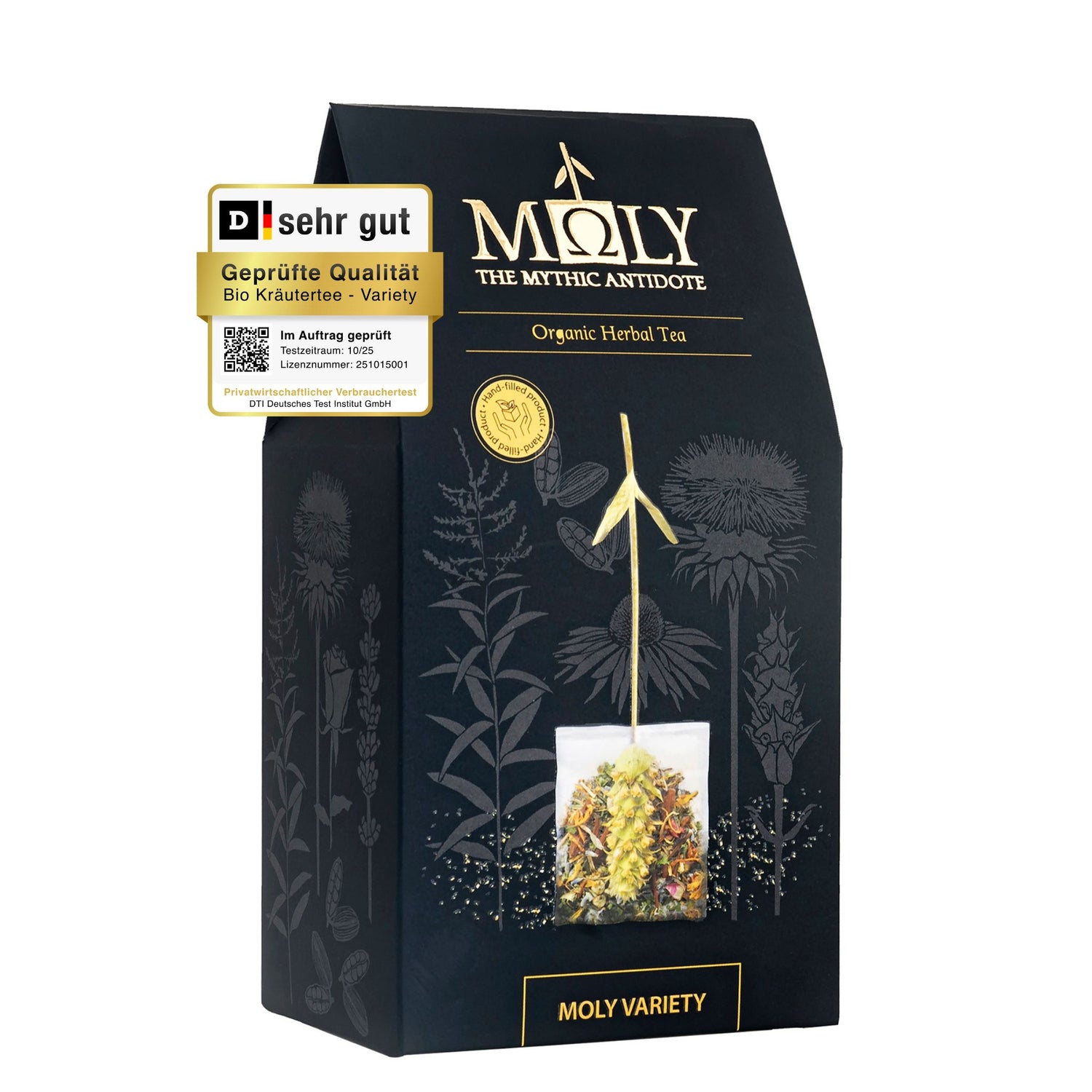 Eine schwarze Verpackung des MOLY VARIETY BIO mit goldener und gelber Schrift sowie aufgedruckten Pflanzen. Zentral ist Bild aufgedruckt, welches einen Teebeutel mit Inhalt zeigt aus dem der Stengel der Sideritis scardia (griechischer Bergtee) herausragt. 