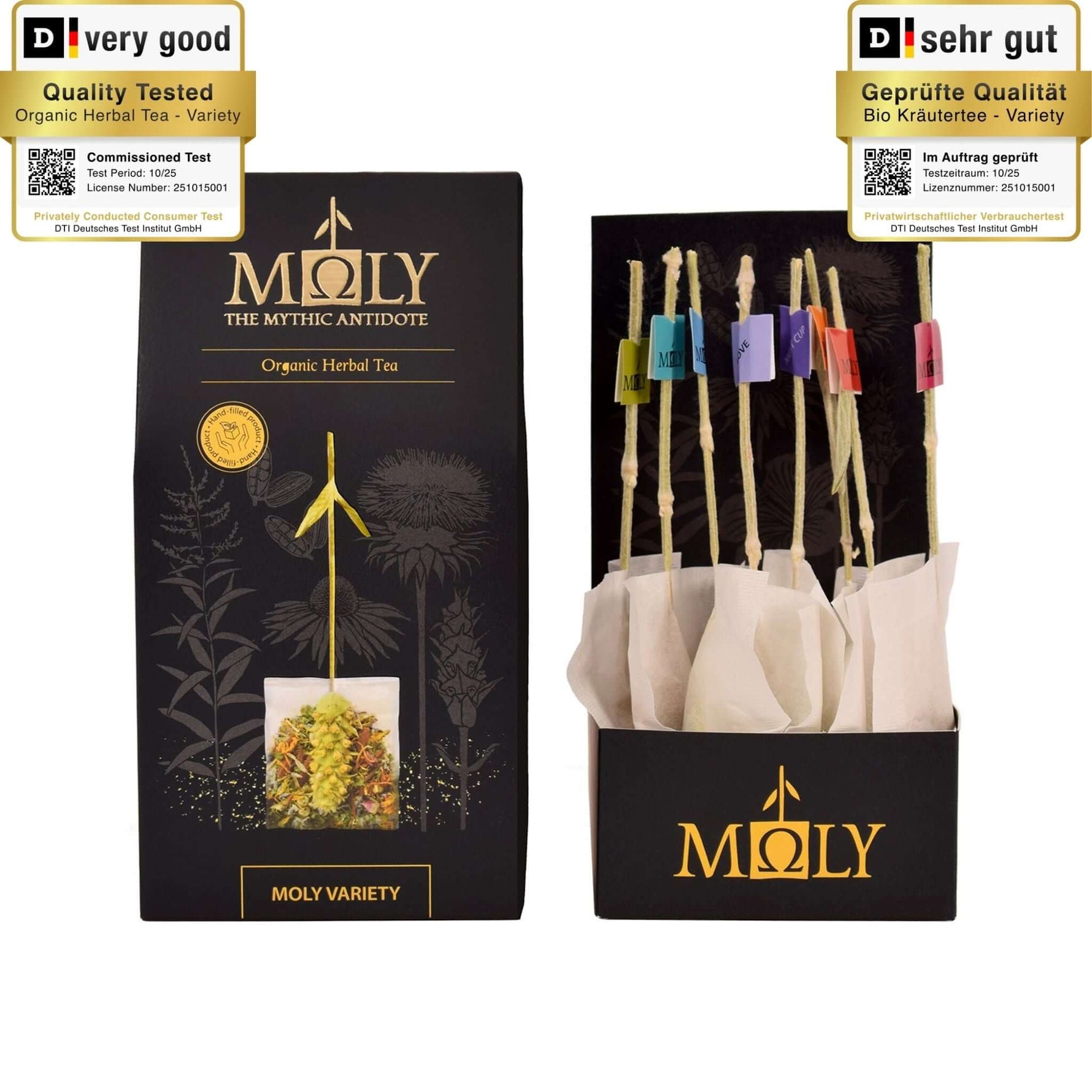 Eine schwarze Verpackung des MOLY VARIETY BIO sowie aufgedruckten Pflanzen. Zentral ist Bild aufgedruckt, welches einen Teebeutel mit Inhalt zeigt aus dem der Stengel der Sideritis scardia (griechischer Bergtee) herausragt. Daneben ist der Inhalt der Verpackung zu sehen, der aus zehn einzelnen Teebeuteln mit jeweils einem Sideritis-Stengel besteht.