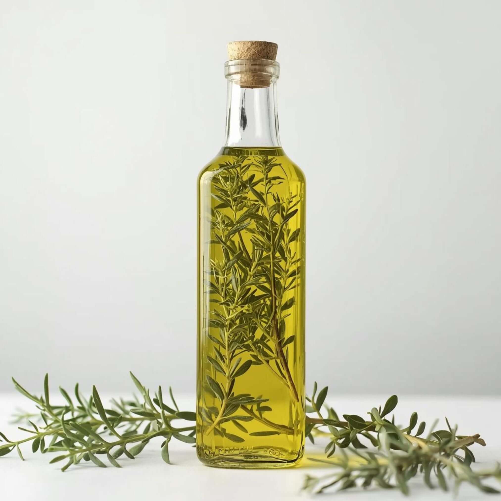 Zweige von Oregano in einer Flasche mit Olivenöl.