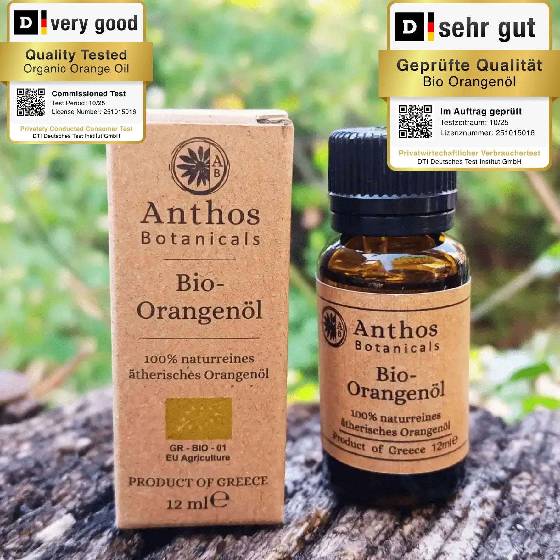 Eine Braunglasflasche mit ätherischem Orangenöl Bio neben seiner braunen Verpackung aus Kraftpapier auf einem Felsen in der Natur. 