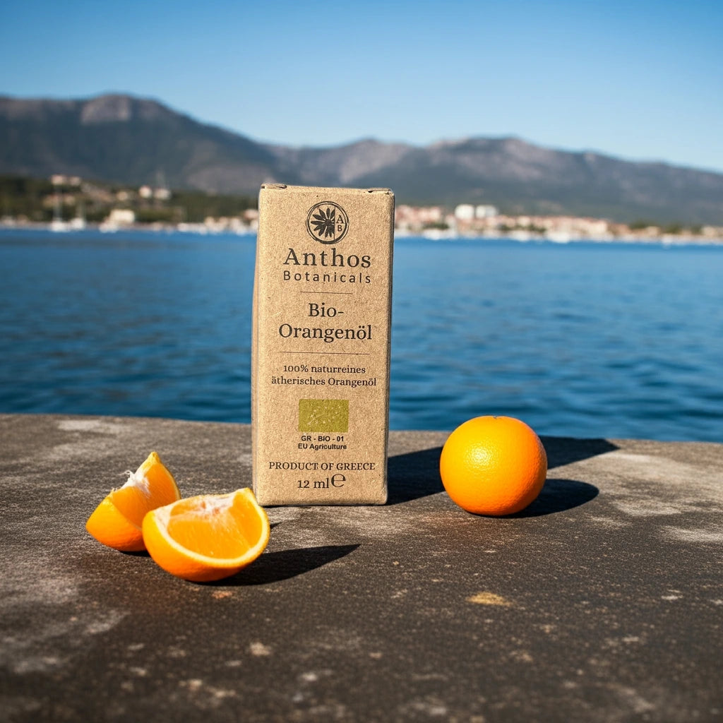 Kraftverpackung des ätherischen Orangenöls an einem Kai mit Orangen daneben.