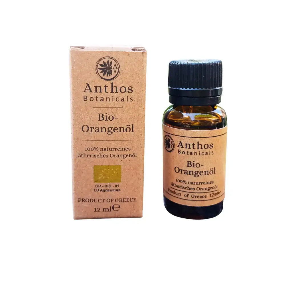 Anthos Botanicals Verpackung und Braunglasflasche von ätherischem Orangenöl bio.