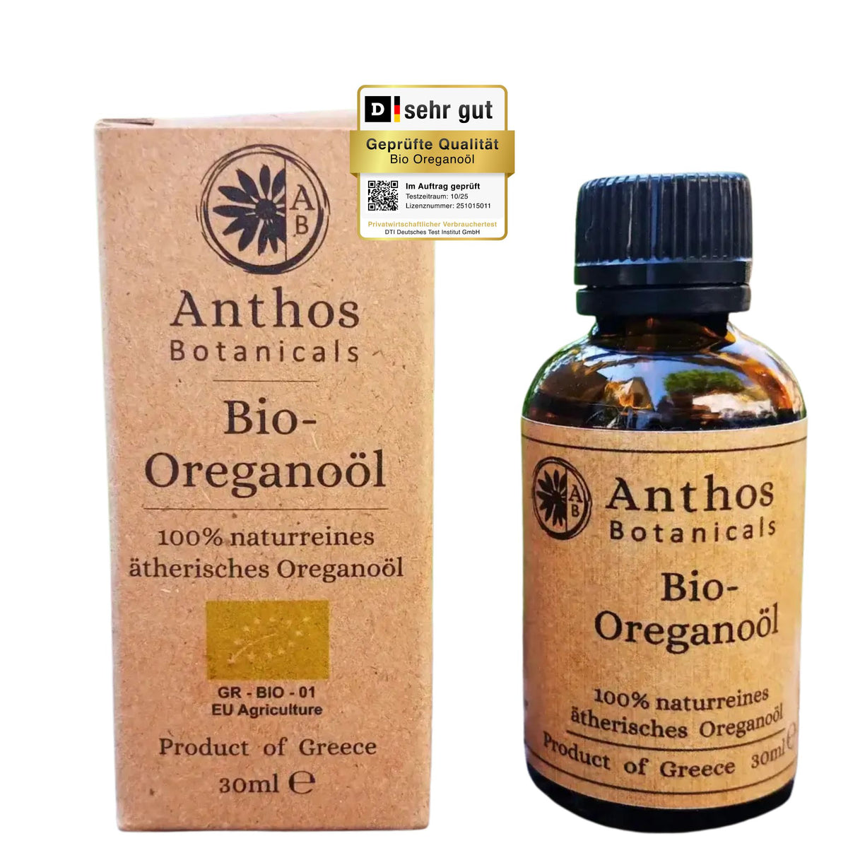 Kraftverpackung und Braunglasflasche des ätherischen Oreganoöls bio von Anthos Botanicals.