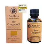 Kraftverpackung und Braunglasflasche des ätherischen Oreganoöls bio von Anthos Botanicals.