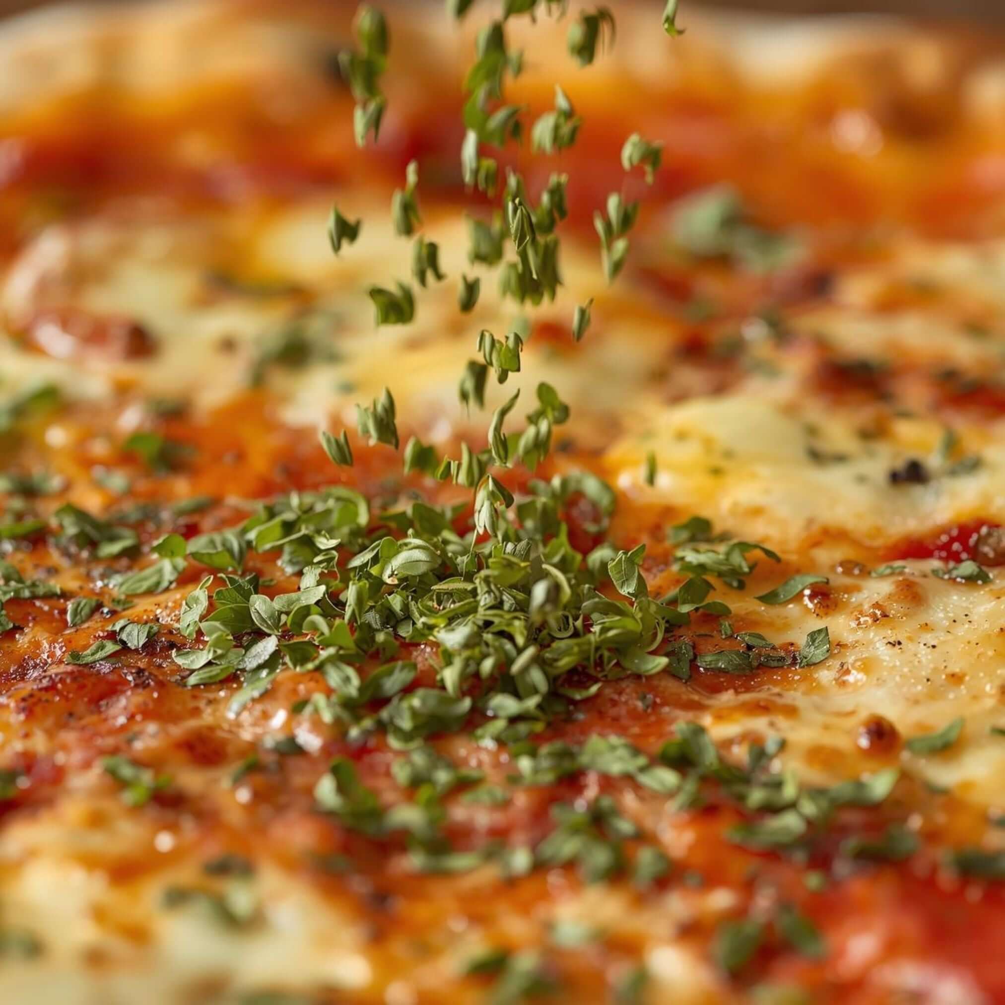 Oregano träufelt auf eine Pizza.