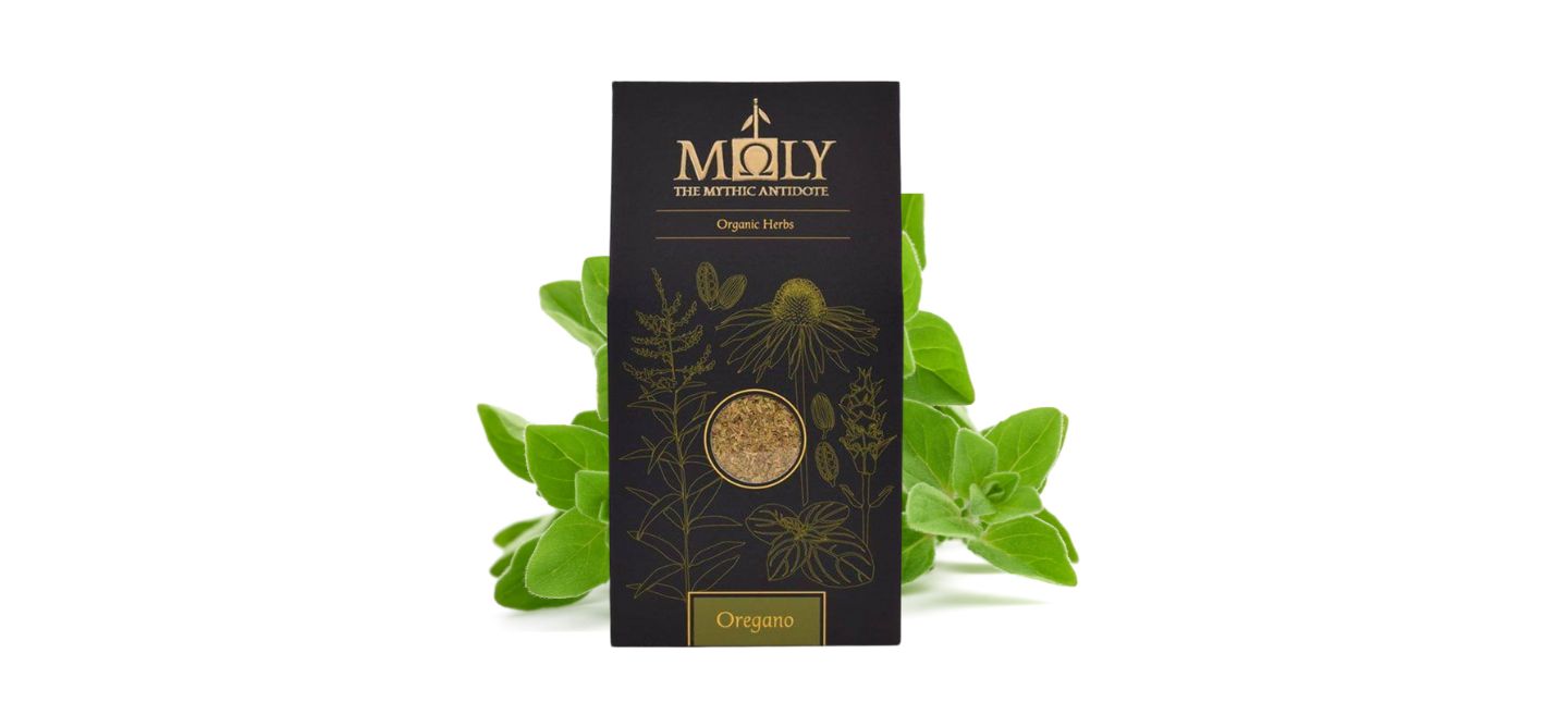Eine schwarze Verpackung von MOLY mit naturreinem Oregano.