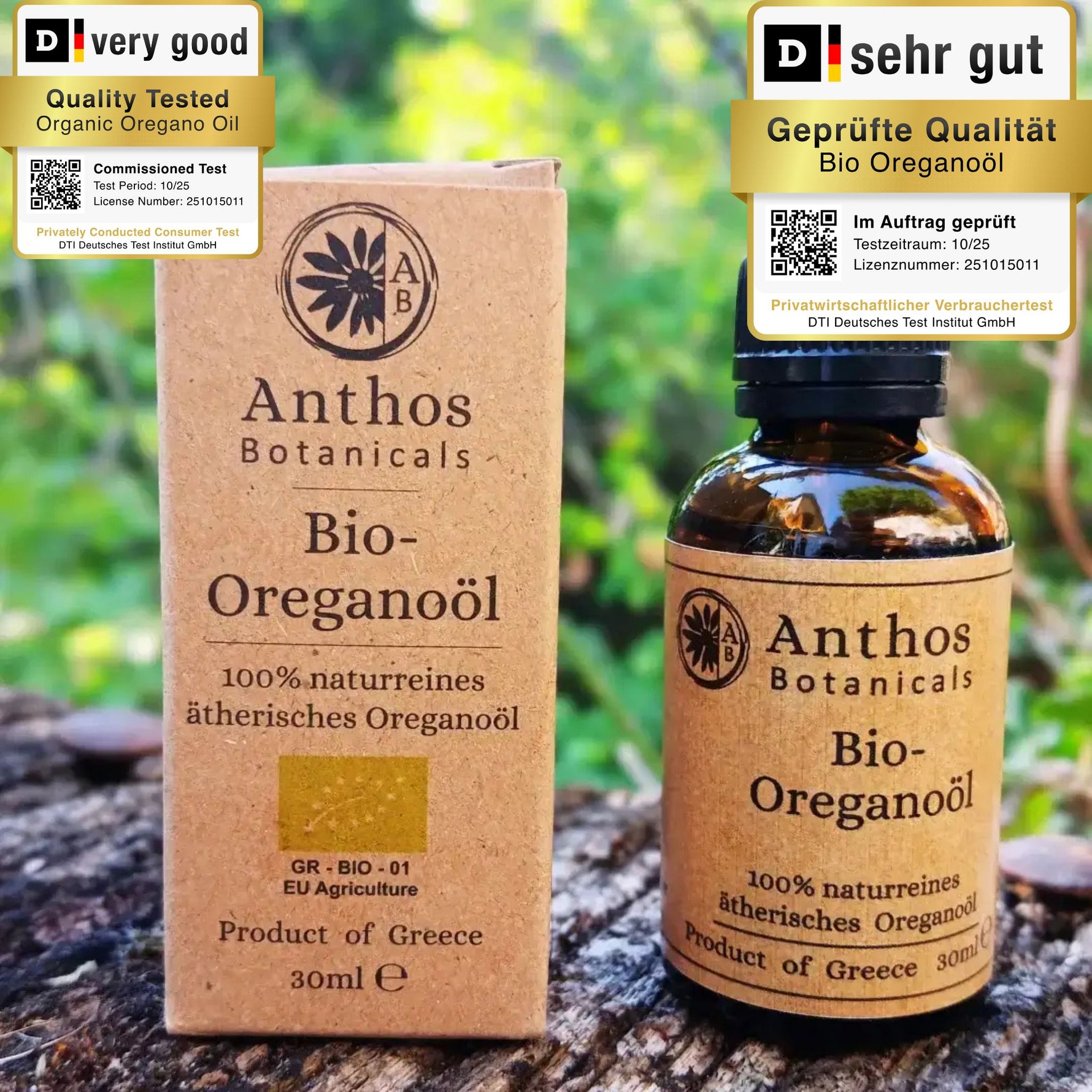 Ein braunes Glasfläschen mit Oreganoöl & Verpackung auf einem Felsen in der Natur