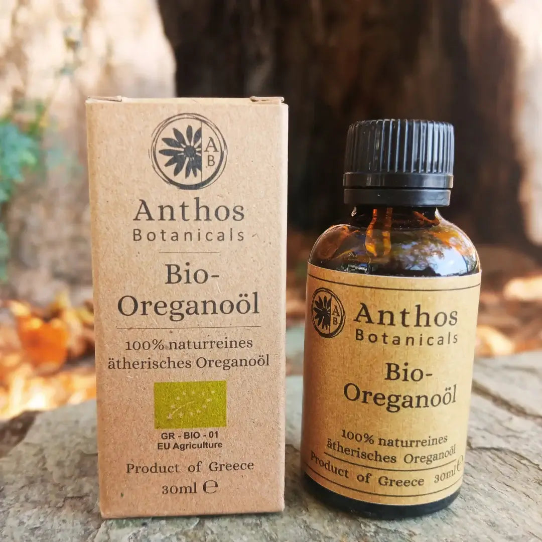 Kraftverpackung und Braunglasflasche mit ätherischem Oreganoöl bio von Anthos Botanicals auf einem Felsen vor einem Baumstamm.