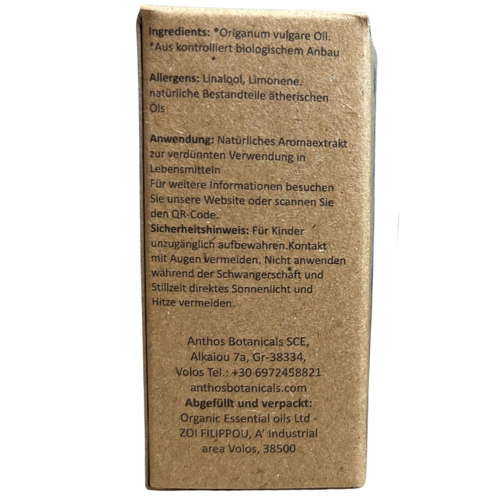Rückseitenansicht der Kraftverpackung des ätherischen Oreganoöls von Anthos Botanicals.