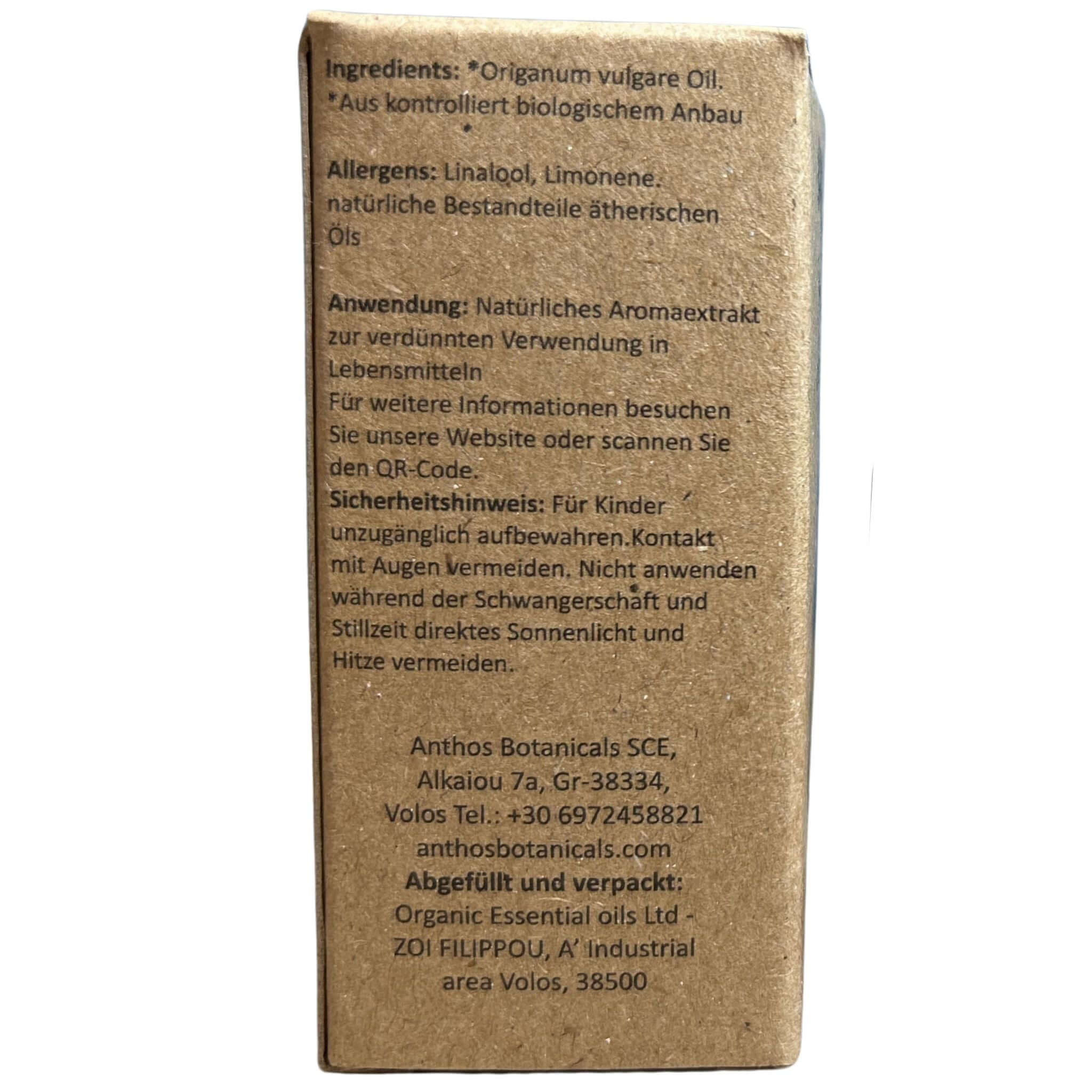 Rückseitenansicht der Kraftverpackung des ätherischen Oreganoöls von Anthos Botanicals.