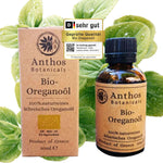 Kraftverpackung und Braunglasflasche des ätherischen Oreganoöls bio von Anthos Botanicals.