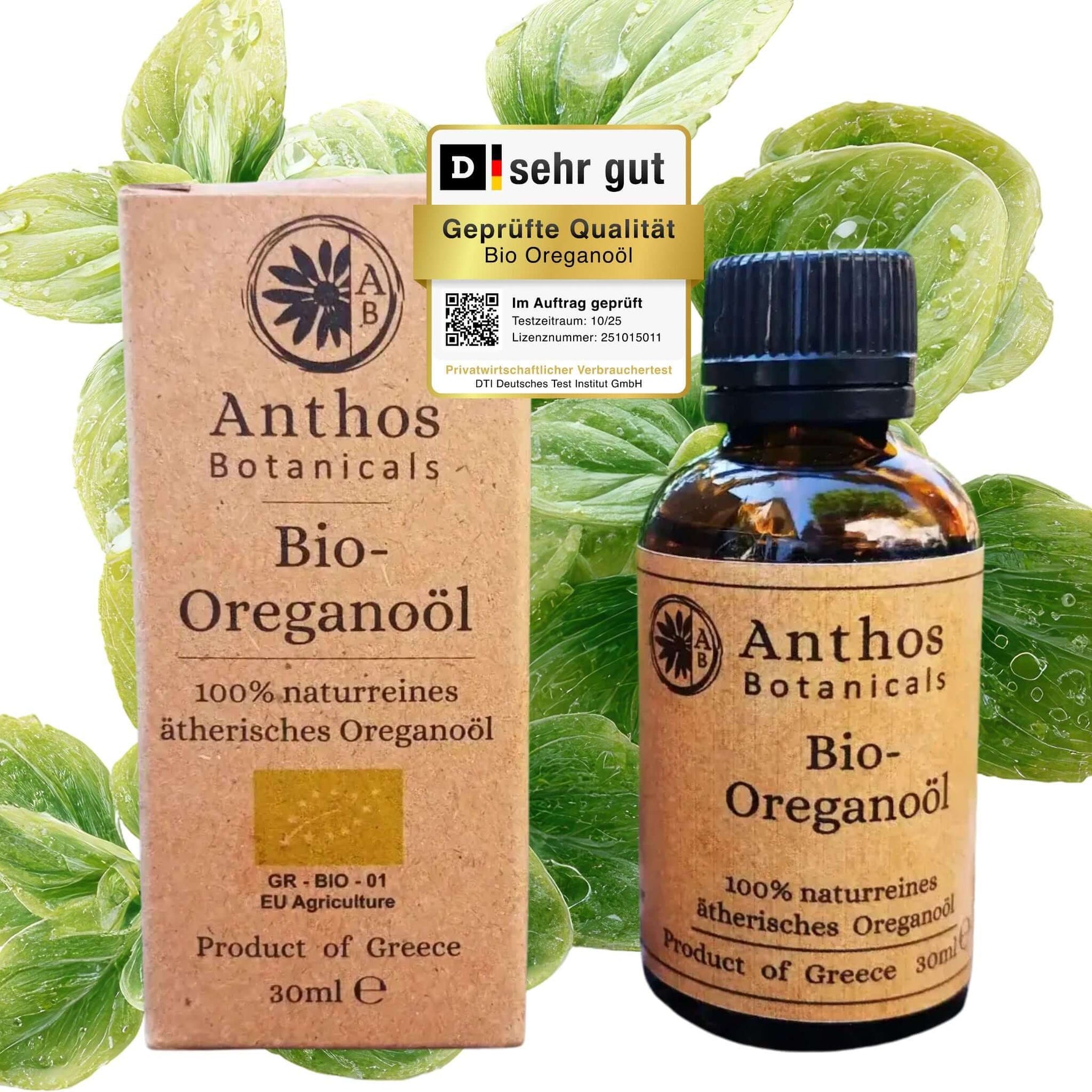 Kraftverpackung und Braunglasflasche des ätherischen Oreganoöls bio von Anthos Botanicals.