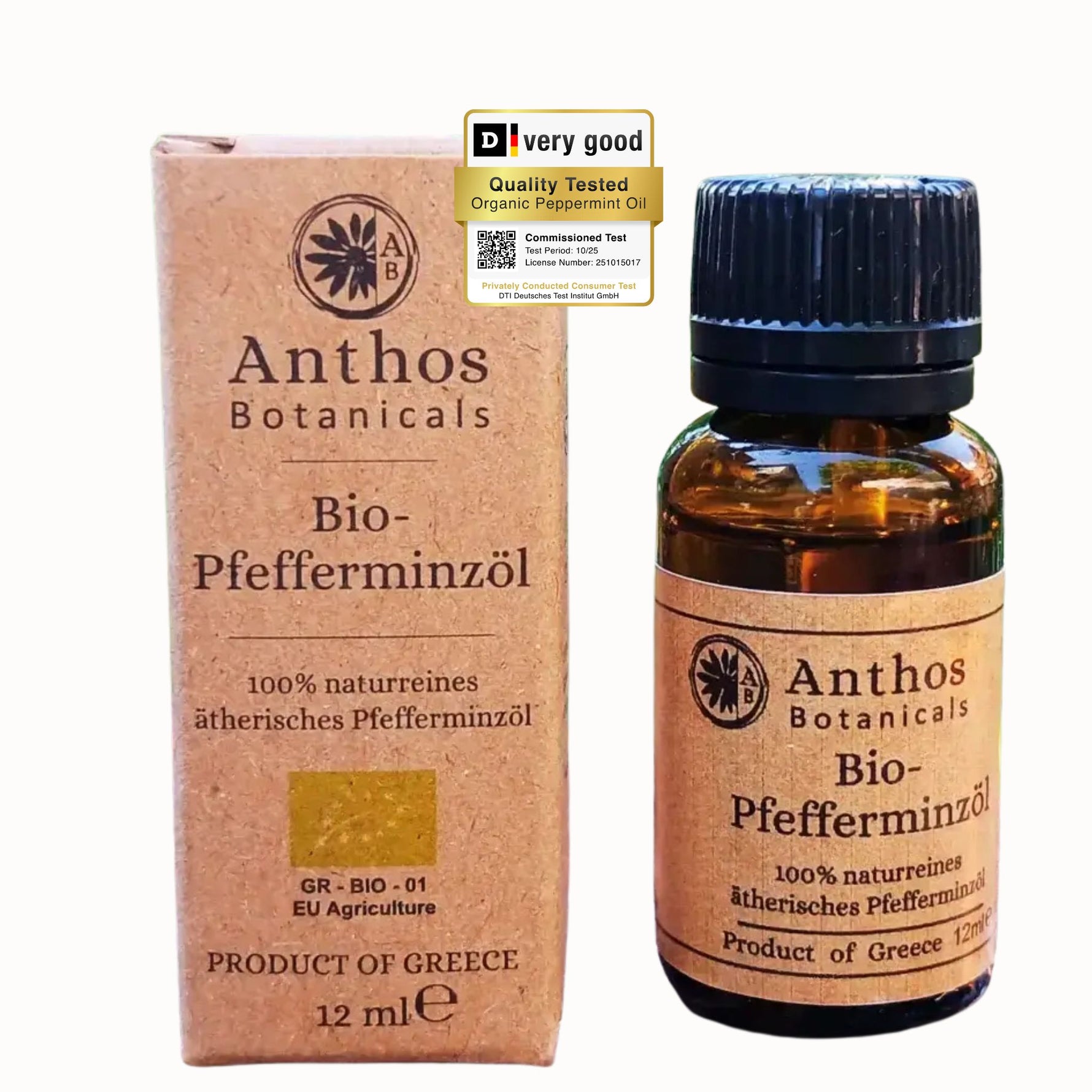 Kraftverpackung und Braunglasflasche des ätherischen Pfefferminzöls bio von Anthos Botanicals.