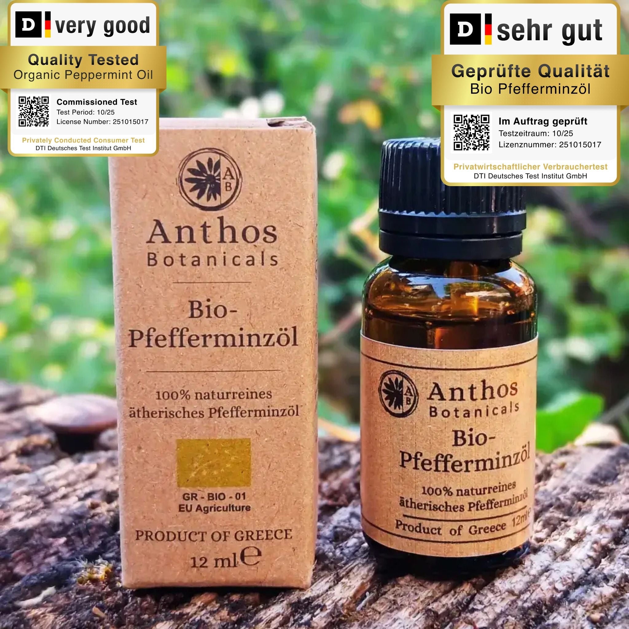 Pfefferminzöl BIO 12ml - Lebensmittelzertifiziert in Glasflasche mit Verpackung, natürliche ätherische Öle von Anthos.