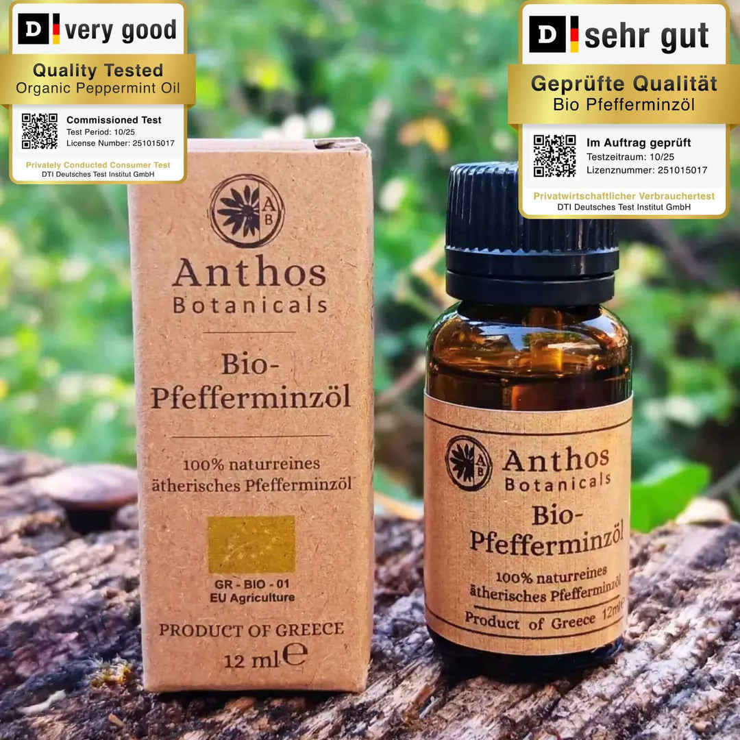 Pfefferminzöl BIO 12ml - Lebensmittelzertifiziert in Glasflasche mit Verpackung, natürliche ätherische Öle von Anthos.
