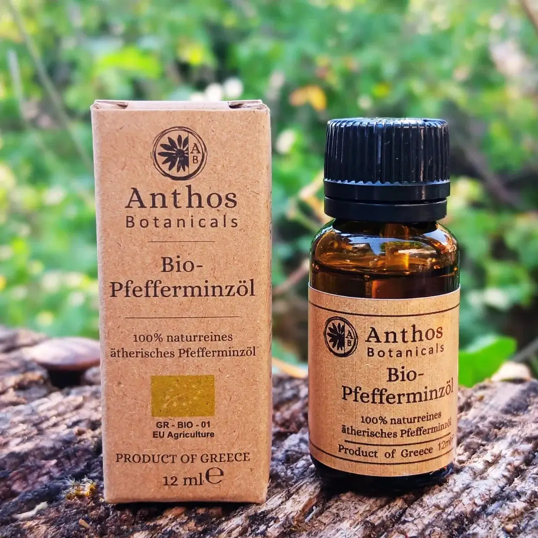Pfefferminzöl BIO 12ml - Lebensmittelzertifiziert in Glasflasche mit Verpackung, natürliche ätherische Öle von Anthos.