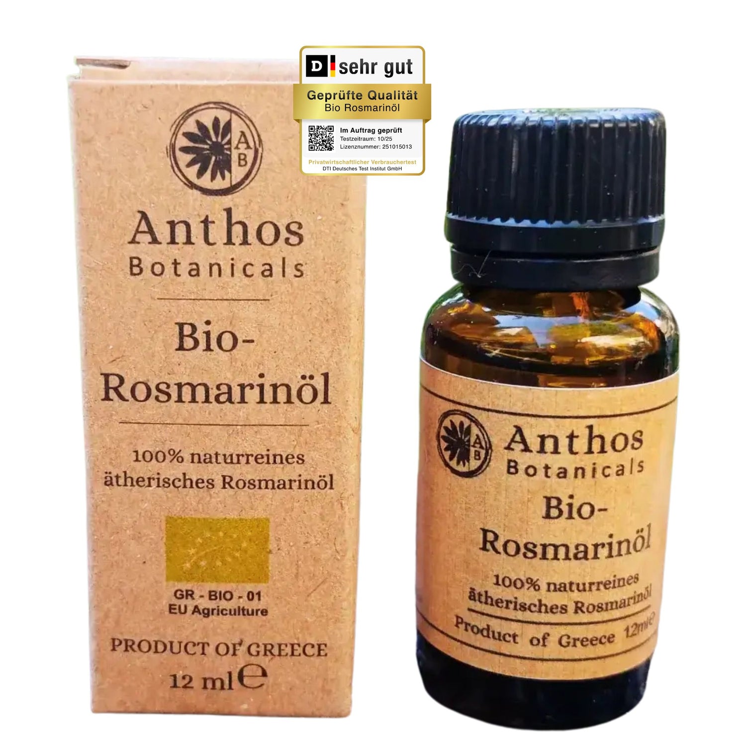 Kraftverpackung und Braunglasflasche des ätherischen Rosmarinöls bio von Anthos Botanicals.