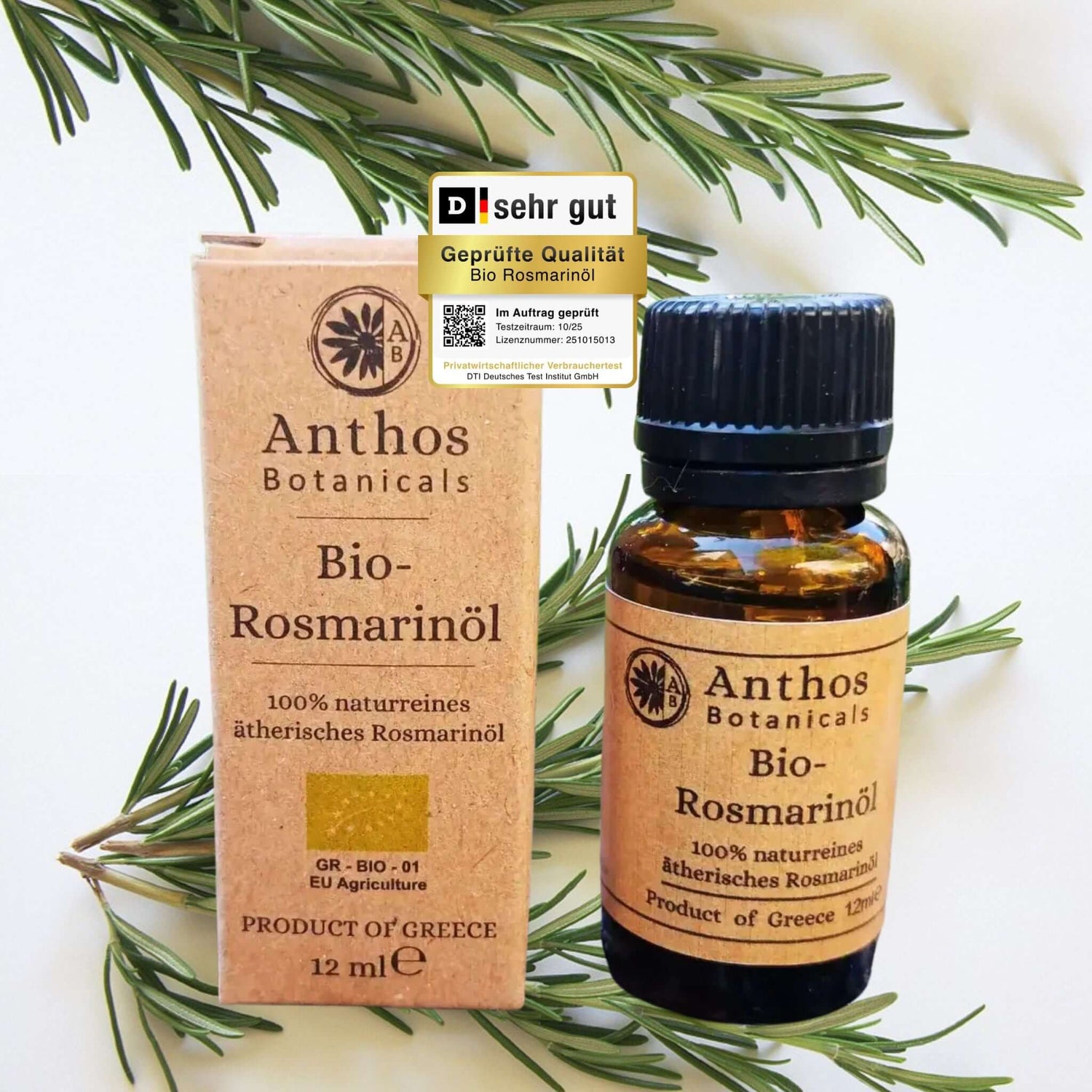 Kraftverpackung und Braunglasflasche des ätherischen Rosmarinöls bio von Anthos Botanicals.