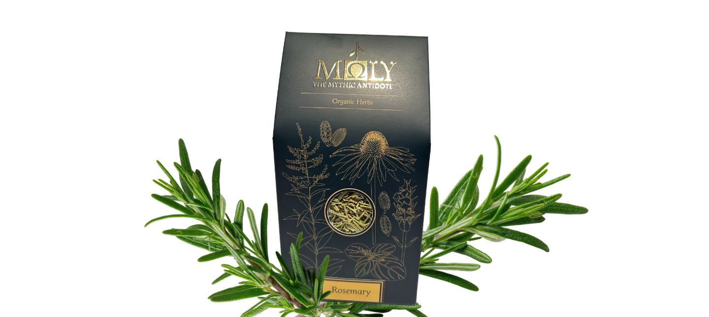 Eine schwarze Verpackung von MOLY mit naturreinem Rosmarin.