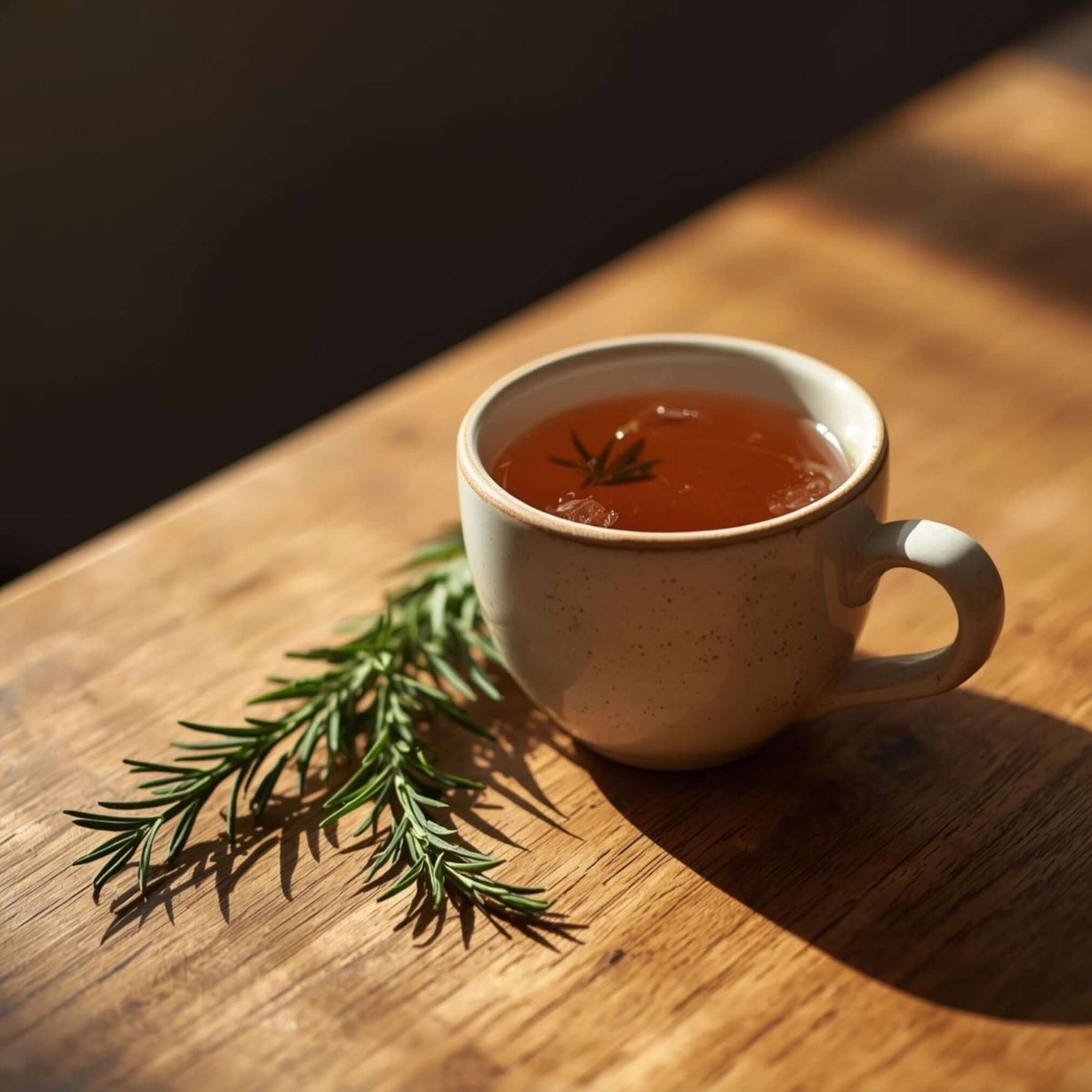 Eine Keramiktasse mit Rosmarintee. Daneben ein Rosmarinzweig.