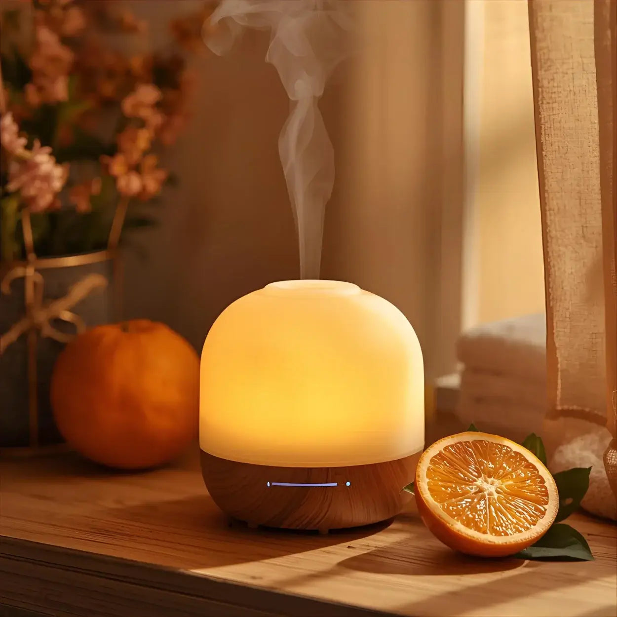 Diffusor mit ätherischem Orangenöl bio und getrocknete Orange in einem Spa.