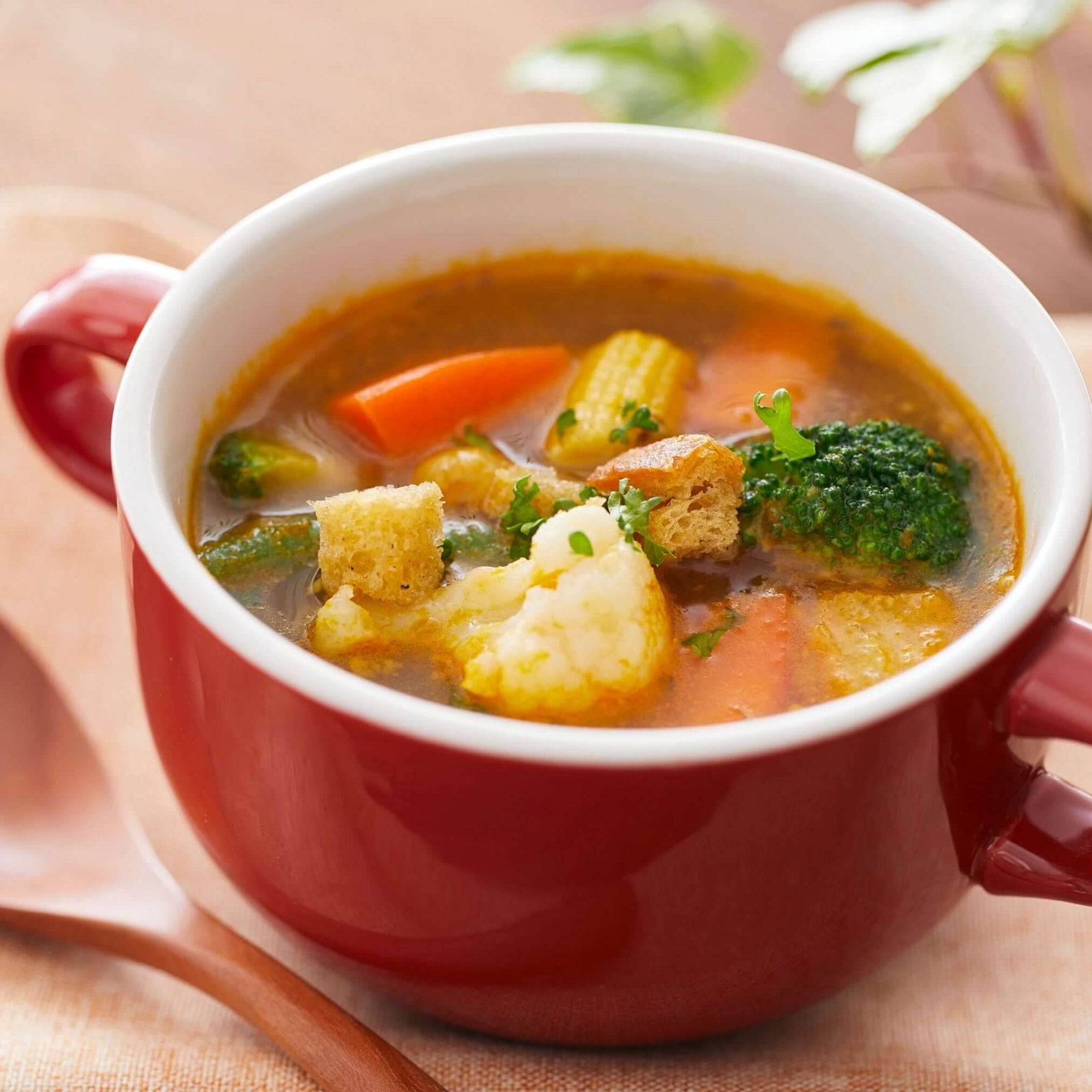 Eine Tasse mit einer Suppe, die Thymian als Gewürz enthält.