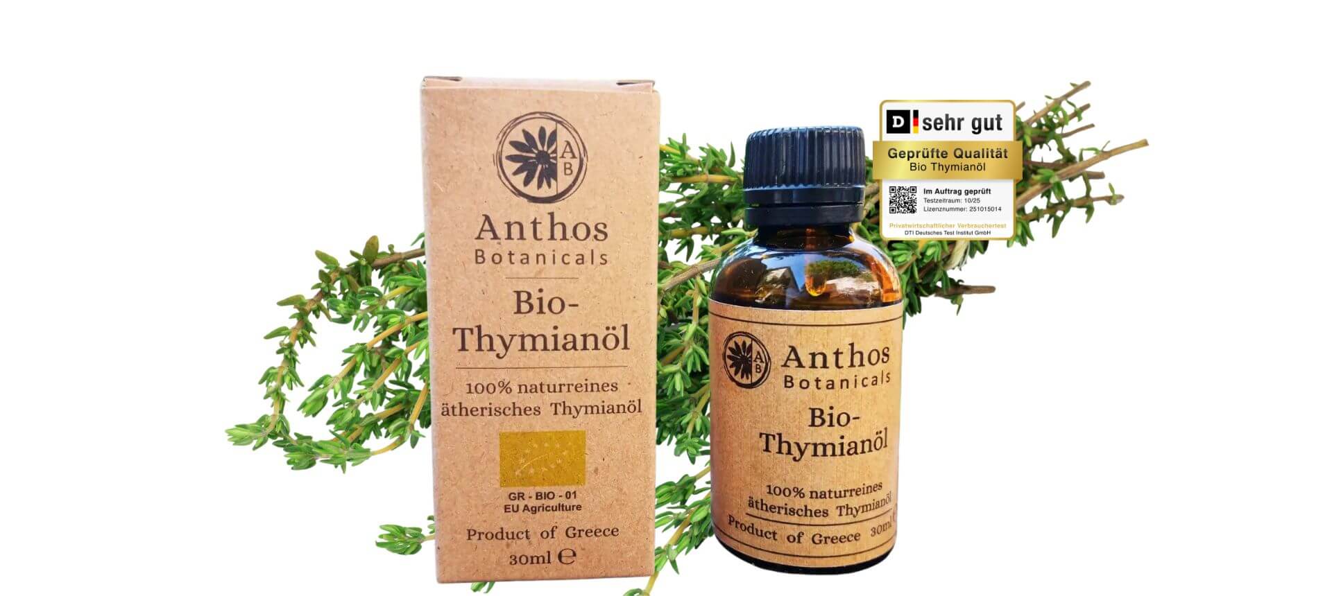 Kraftverpackung und Braunglasflasche mit lebensmittelzertifiziertem, ätherischen Thymianöl Bio von Anthos Botanicals.