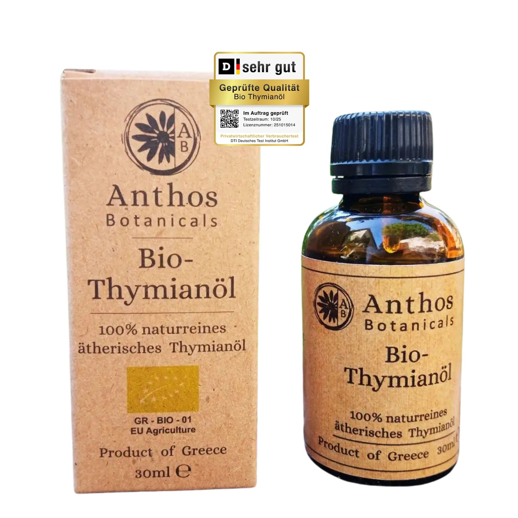 Kraftverpackung und Braunglasflasche mit Thymianöl bio von Anthos Botanicals