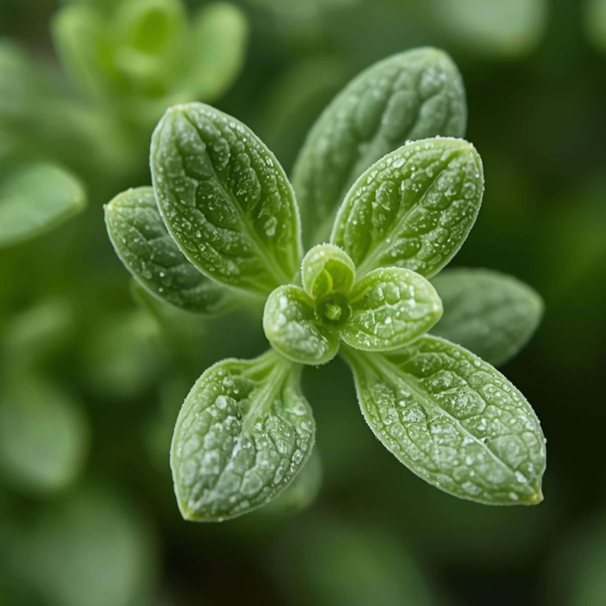 Makroaufnahme von Thymian auf der die Blattstruktur dargestellt wird.