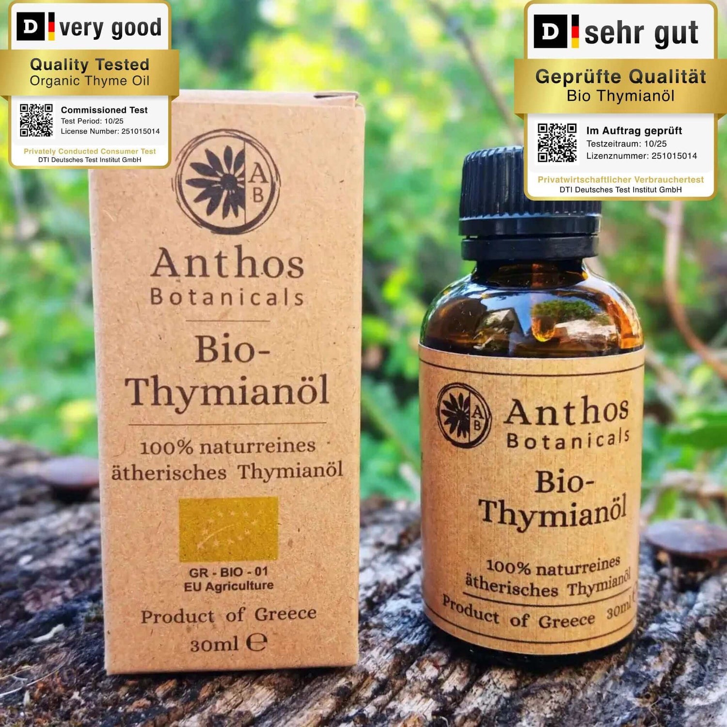 Kraftverpackung und Braunglasflasche mit Thymianöl bio von Anthos Botanicals auf einem Felsen in der Natur.