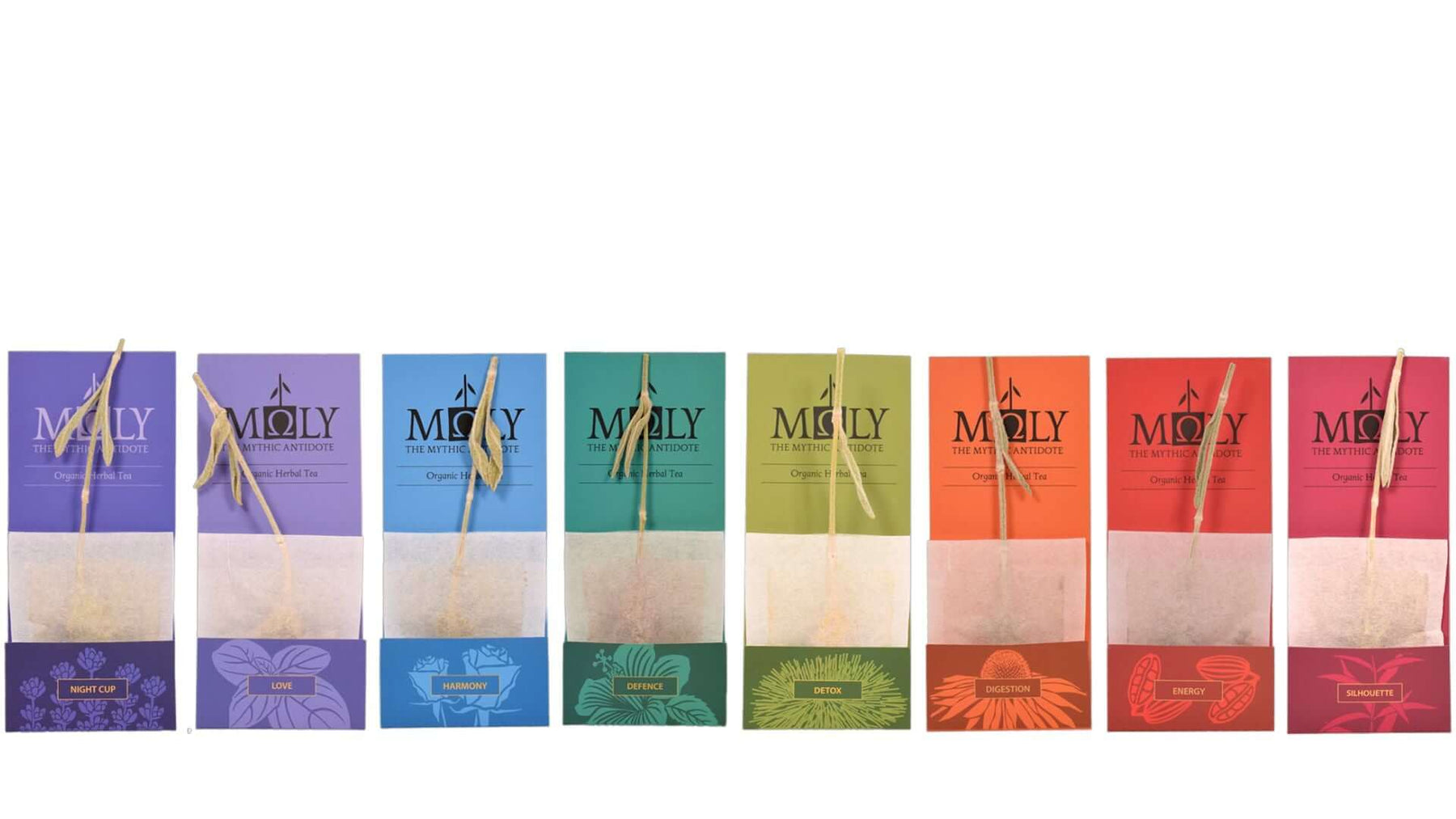 die Einzeltees von MOLY in einer Reihe.