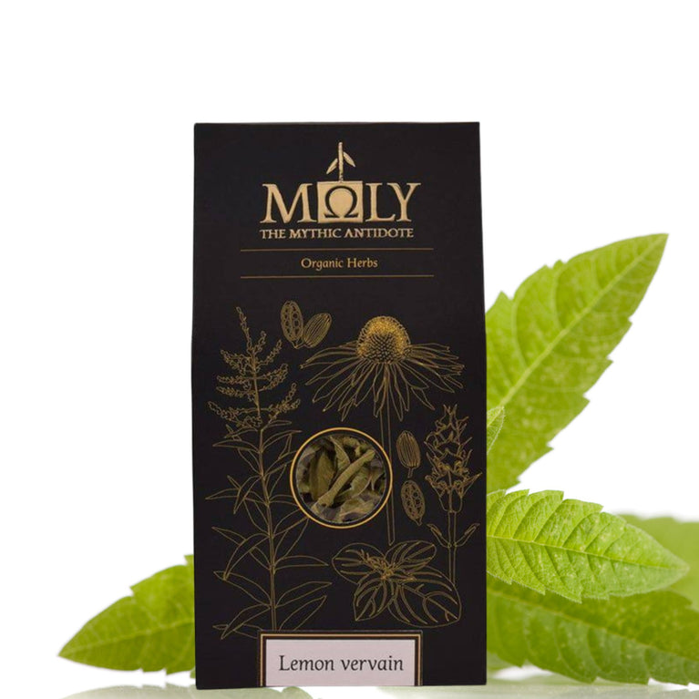 Eine schwarze Verpackung von MOLY mit naturreiner Zitronenverbene.