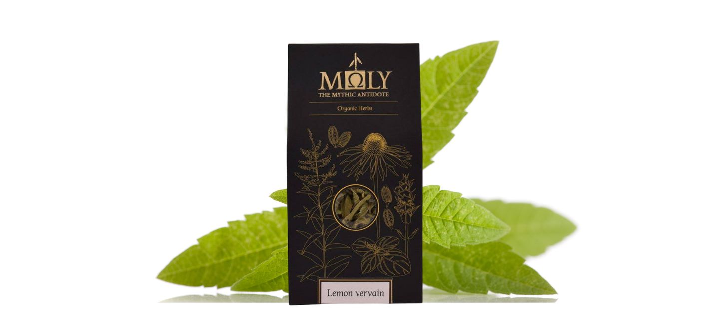 Eine schwarze Verpackung von MOLY mit naturreiner Zitronenverbene.