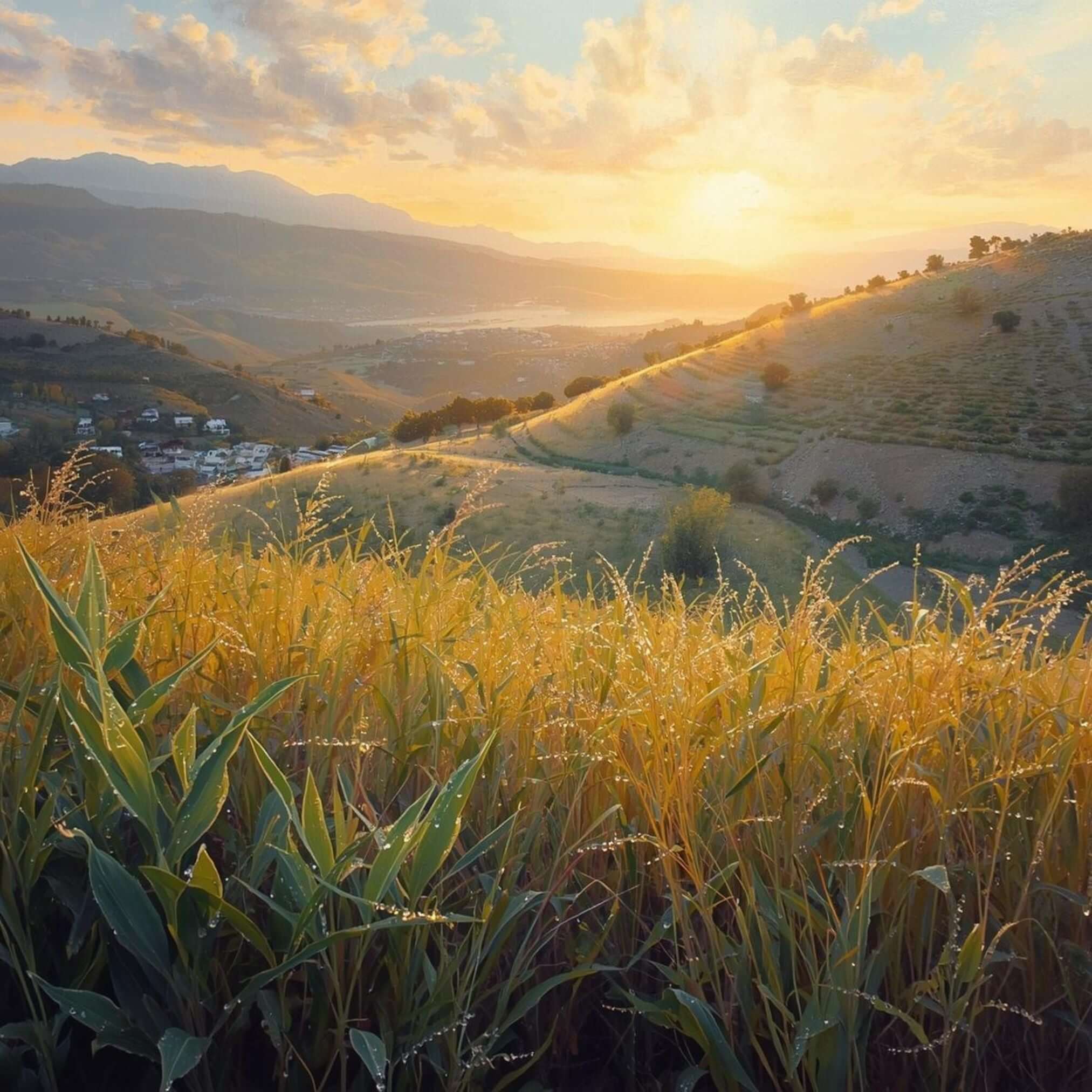 Zitronenmelissefeld in Griechenland bei Sonnenaufgang.