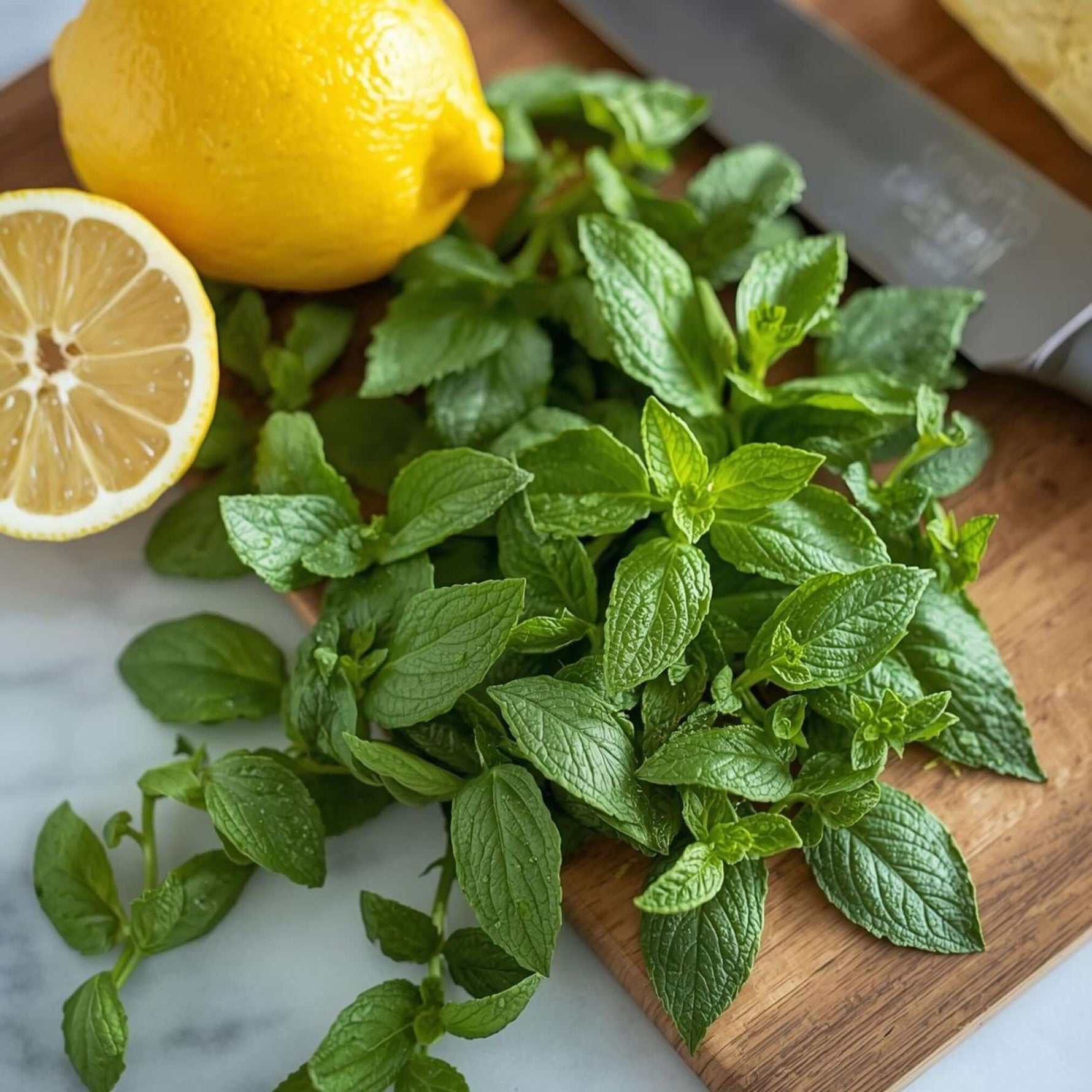 Zitronenmelisse auf einem Schneidebrett mit Zitronen.