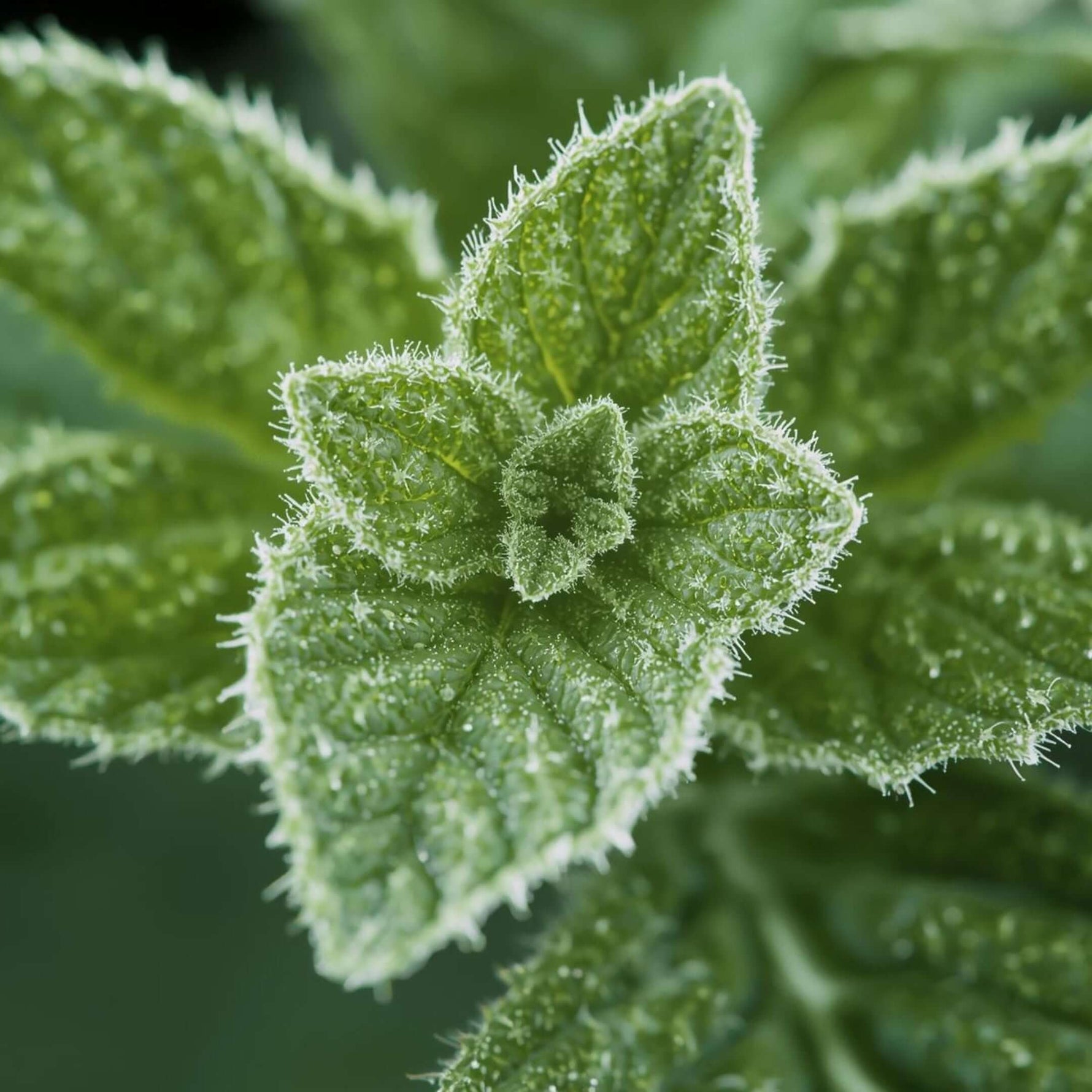 Makroaufnahme einer Zitronenmelisse. Man erkennt auf der Blattoberfläche die Trichome der Pflanze. Diese stellen kleine Ausstülpungen dar, die reich an ätherischen Ölen sind.