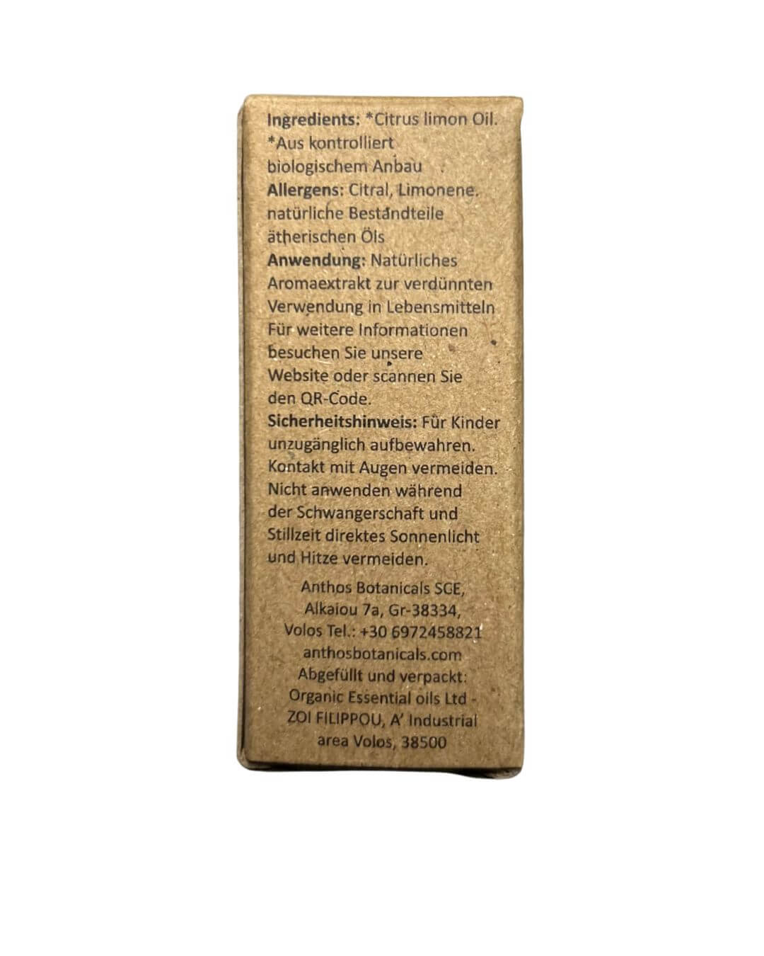 Rückseite der Kraftverpackung des ätherischen Zitronenöls von Anthos Botanicals.
