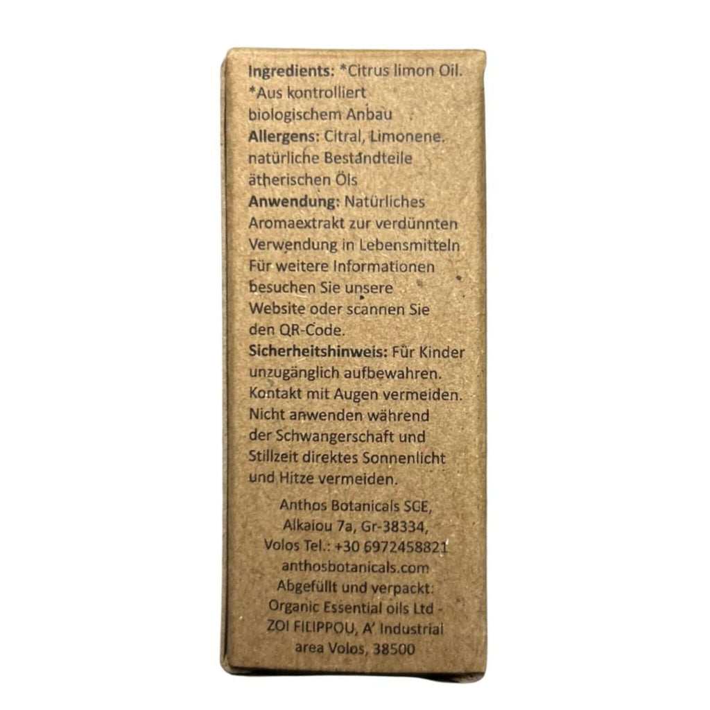 Rückseite der Kraftverpackung des ätherischen Zitronenöls von Anthos Botanicals.