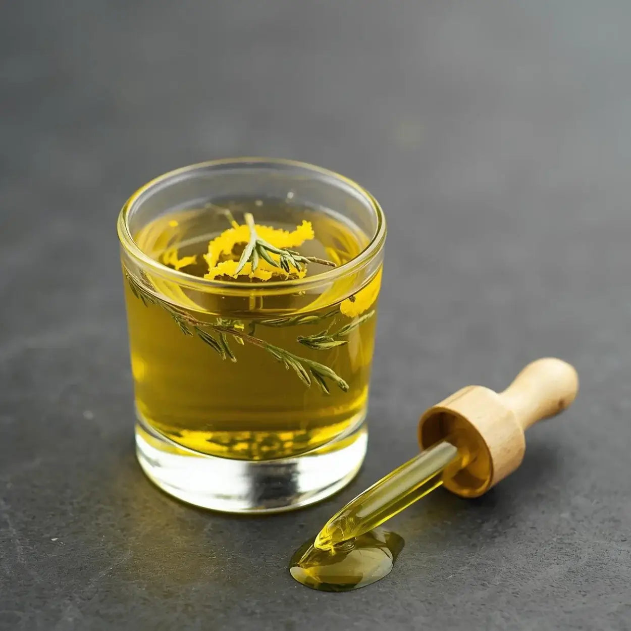 Ein Glas mit Zitronenzeste in Olivenöl. Daneben eine Pipette mit ätherischem Zitronenöl.